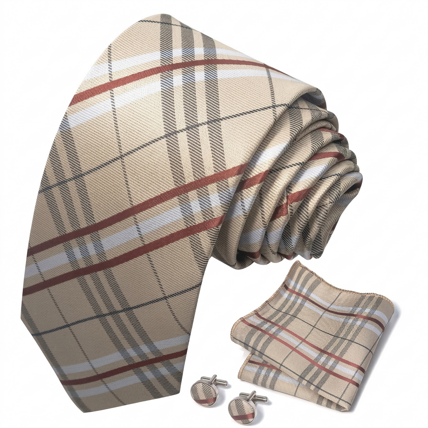 Rustic Beige & Crimson Red Tartan Plaid Tie Set