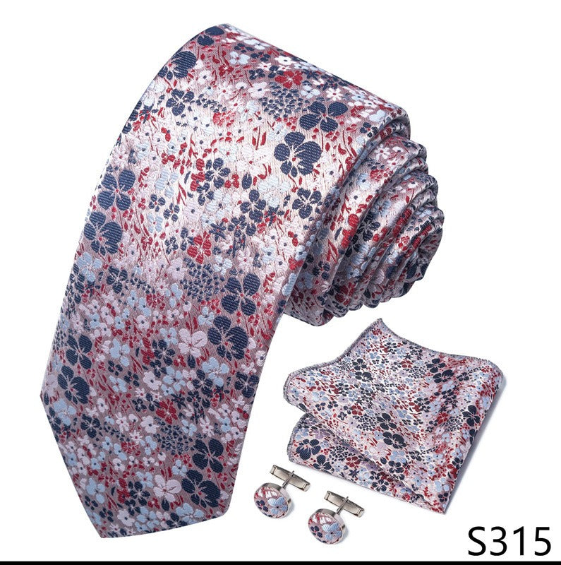 Soft blush pink necktie with delicate white sakura floral patterns, perfect for spring garden weddings.
