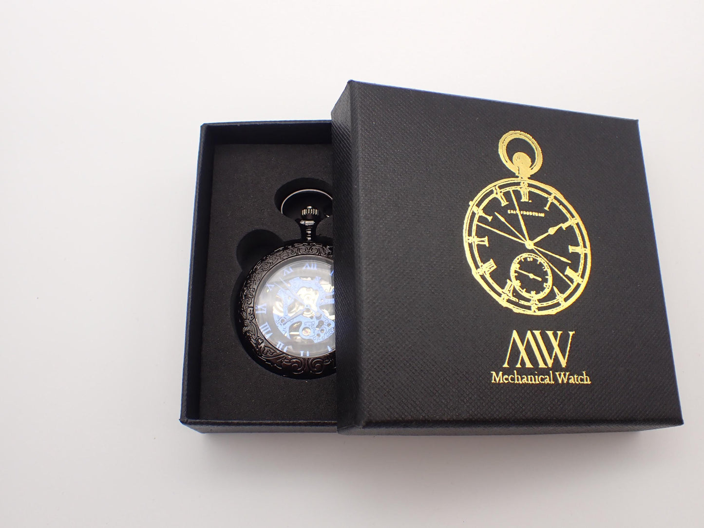 Pocket Watch Mechanical Skeleton, Blue Gears Movement, Groomsmen Gift, Personalized Card, Black Taschenuhr Mechanisch, Mens Wedding Gift