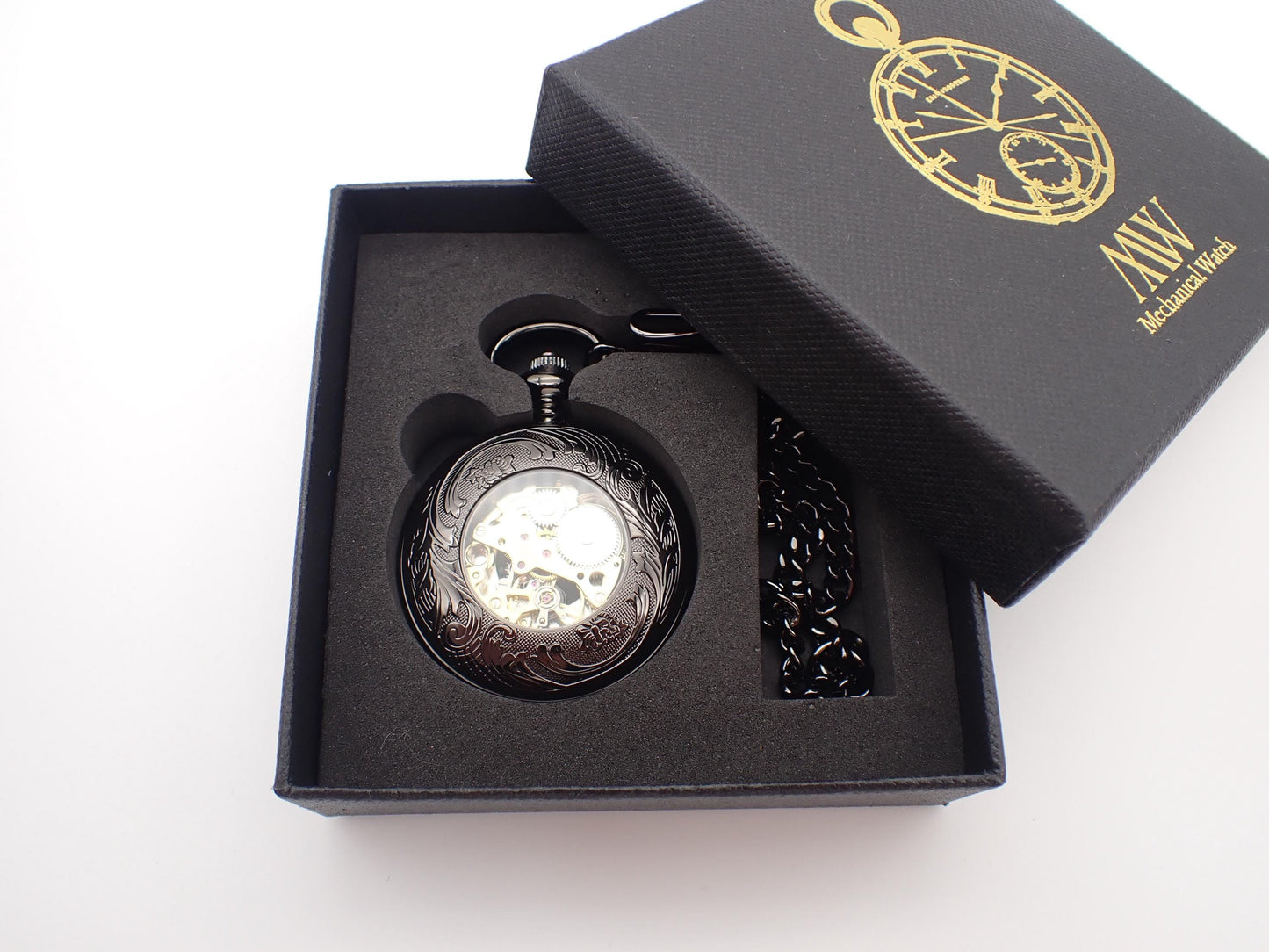 Gunmetal Skeleton Pocket Watch with 24-Hour Dial