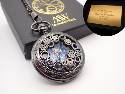 Personalized Gunmetal Cogwheel Pocket Watch with Blue Gears | Groomsmen Gift