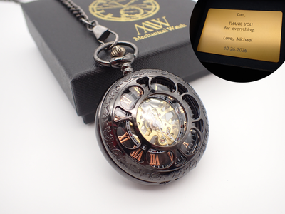 Personalized Gunmetal Black Mechanical Pocket Watch | Groomsmen Gift