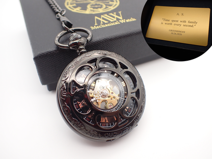 Personalized Gunmetal & Electric Blue Skeleton Mechanical Pocket Watch | Industrial Open Face | Unique Groomsmen Gift