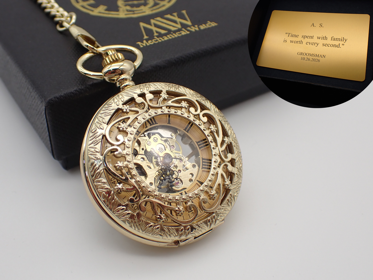 Personalized Vintage Silver Filigree Mechanical Pocket Watch | Ornate Skeleton Gold Movement | Groomsmen & Wedding Gift