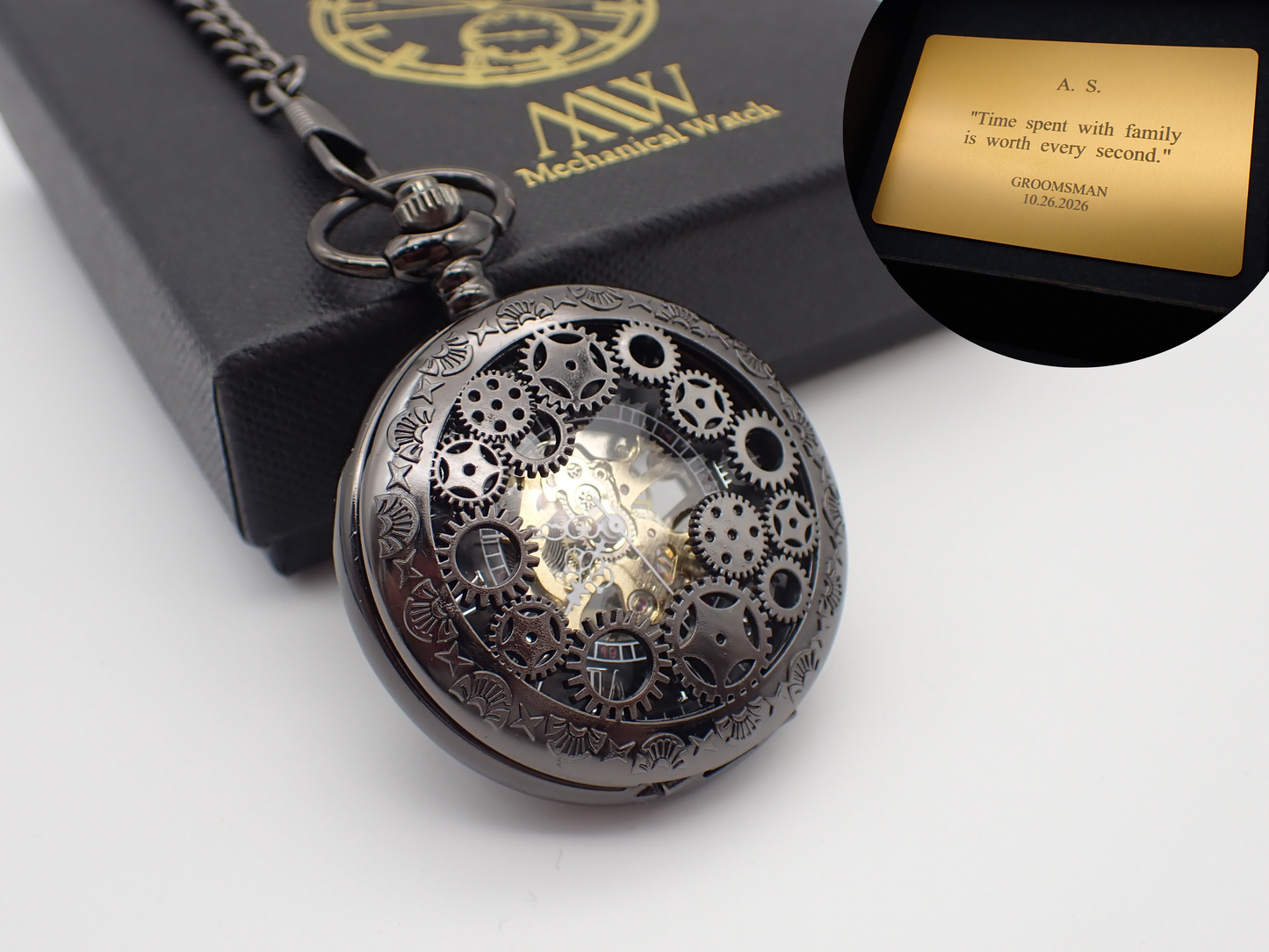 Personalized Steampunk Pocket Watch Mechanical Skeleton Cogwheel Gear Cover | Groomsmen Gift