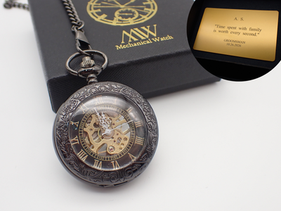 Personalized Mechanical pocket watch skeleton design Glossy Black Metal