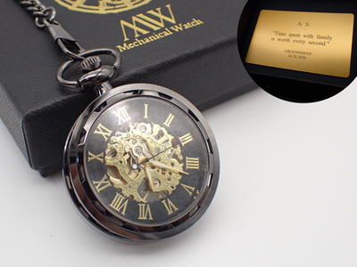 Personalized Pocket Watch Mechanical Skeleton, Antique Black with Gold | Groomsmen Gift
