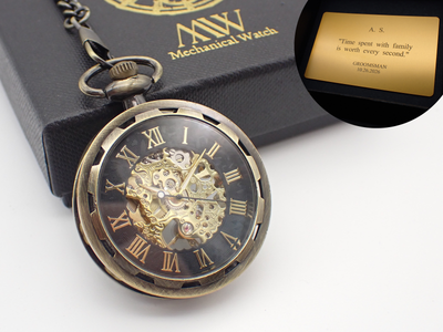 Personalized Pocket Watch Mechanical Skeleton, Antique Bronze Black Gold | Groomsmen Gift