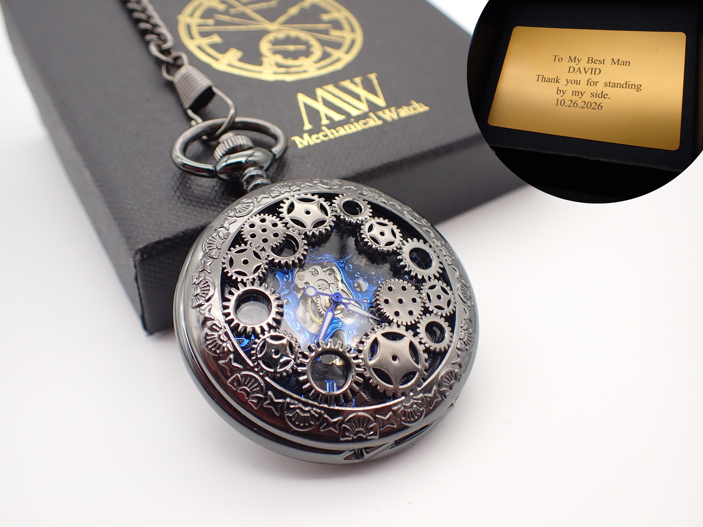 Personalized Steampunk Pocket Watch Mechanical Skeleton Cogwheel Gear Cover | Groomsmen Gift