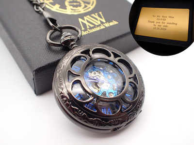 Personalized Gunmetal & Electric Blue Skeleton Mechanical Pocket Watch | Industrial Open Face | Unique Groomsmen Gift