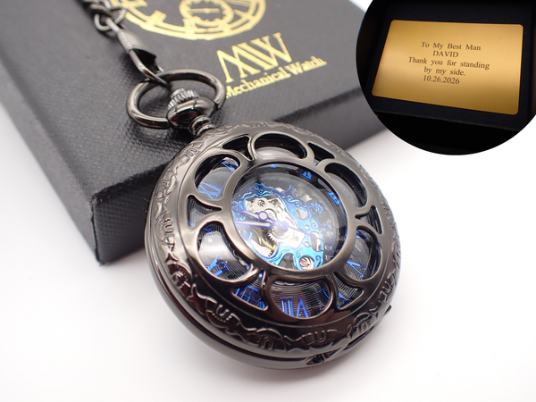 Personalized Gunmetal & Electric Blue Skeleton Mechanical Pocket Watch | Industrial Open Face | Unique Groomsmen Gift