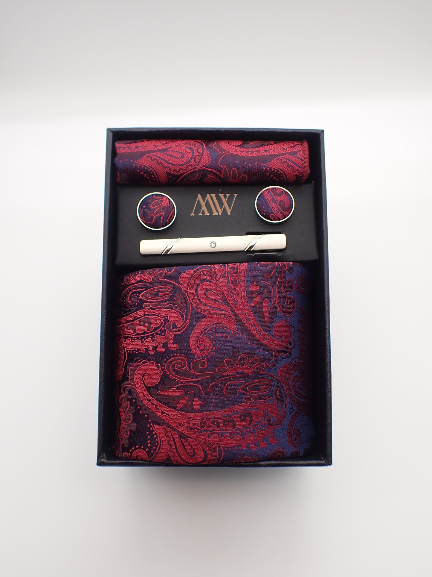 Burgundy Red Paisley Tie Set / Pocket Square Tie Bowtie Cufflinks Set / Wedding Tie / Tie Clips / Gift for him Mens anniversary Groomsmen Gift