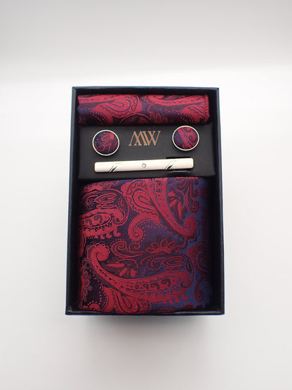 Burgundy Red Paisley Tie Set / Pocket Square Tie Bowtie Cufflinks Set / Wedding Tie / Tie Clips / Gift for him Mens anniversary Groomsmen Gift