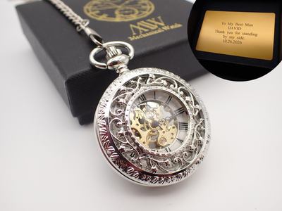 Personalized Vintage Silver Filigree Mechanical Pocket Watch | Ornate Skeleton Gold Movement | Groomsmen & Wedding Gift
