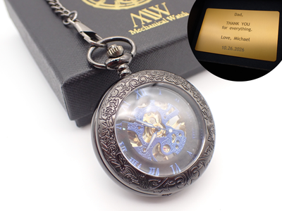Personalized Engraved Gunmetal & Blue Skeleton Mechanical Pocket Watch | Vintage Meets Industrial | Unique Groomsmen Gift