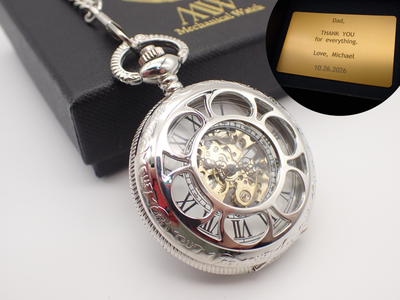 Personalized Silver Pocket Watch Mechanical Skeleton, Roman Numerals | Groomsmen Gift