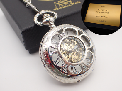 Personalized Silver Pocket Watch Mechanical Skeleton, Roman Numerals | Groomsmen Gift