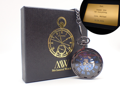 Personalized Sleek Gunmetal & Blue Skeleton Mechanical Pocket Watch | Modern Open Face | Unique Groomsmen Gift