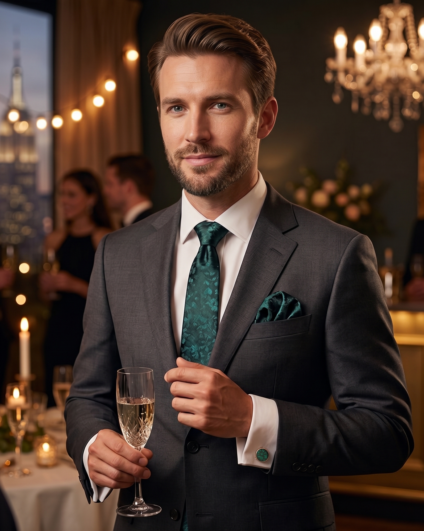 A sophisticated man at an evening party wearing a charcoal grey suit accessorized with a matching emerald green floral necktie, pocket square, and round cufflinks, while holding a glass of champagne.