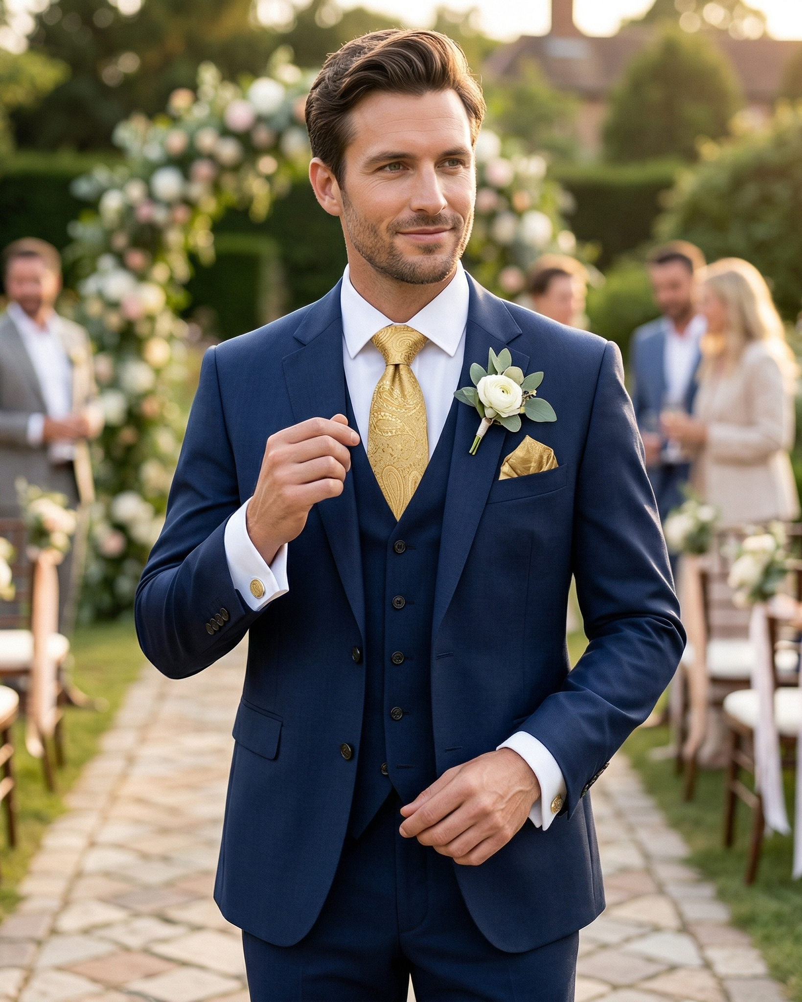 Man in a blue suit with a yellow tie standing outdoors at a wedding reception.