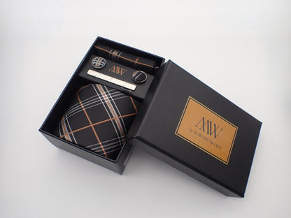 Classic Black & Rust Scottish tartan plaid necktie, ideal for heritage or winter weddings.