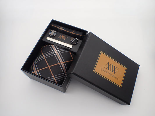 Classic Black & Rust Scottish tartan plaid necktie, ideal for heritage or winter weddings.