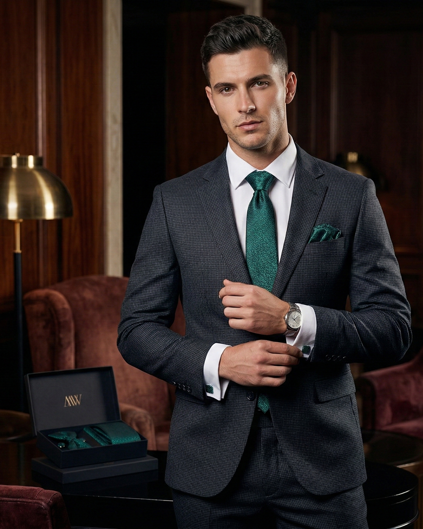 Deep forest green necktie with elegant white paisley patterns, a premium choice for formal weddings.