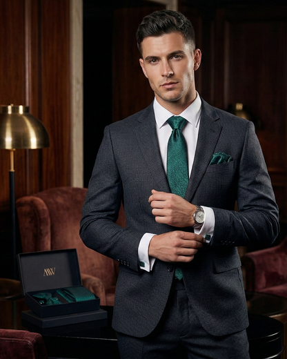 Deep forest green necktie with elegant white paisley patterns, a premium choice for formal weddings.