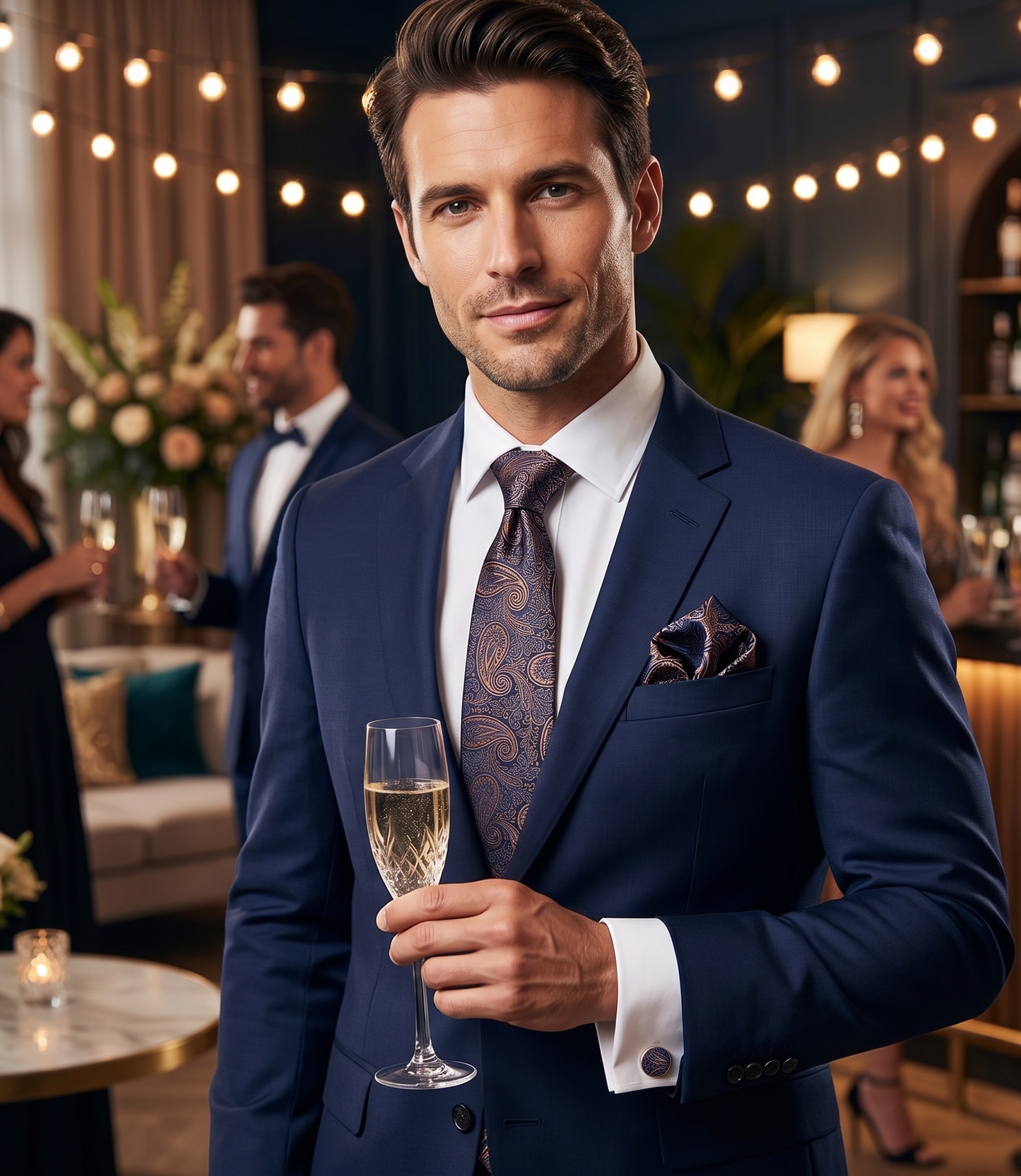 Close-up of a stylish man holding a champagne flute at a lively party. He is wearing a dark navy suit with the unique navy and copper paisley patterned tie and pocket square from the image, and visible matching cufflinks. This photo shows a complete formal party accessory look.