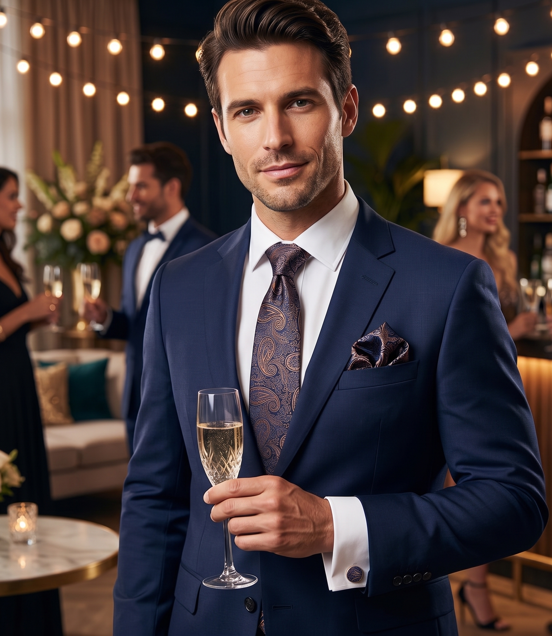 Close-up of a stylish man holding a champagne flute at a lively party. He is wearing a dark navy suit with the unique navy and copper paisley patterned tie and pocket square from the image, and visible matching cufflinks. This photo shows a complete formal party accessory look.