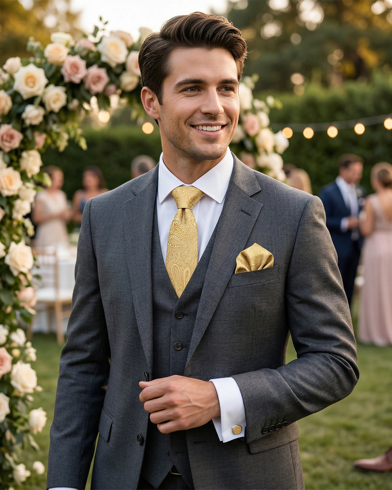 Man in a gray suit with a gold tie and pocket square standing outdoors at a wedding.