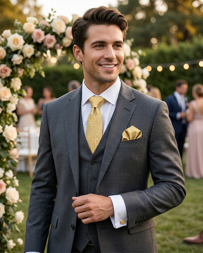 Man in a gray suit with a gold tie and pocket square standing outdoors at a wedding.