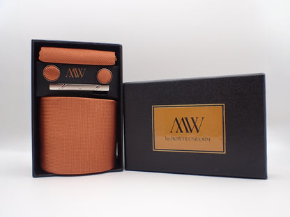 Copper Square Pattern Tie Set / Pocket Square, Bowtie, Tie Clip, Cufflinks / Gift for Him / Wedding Groomsmen Gift / Men's Present / Box