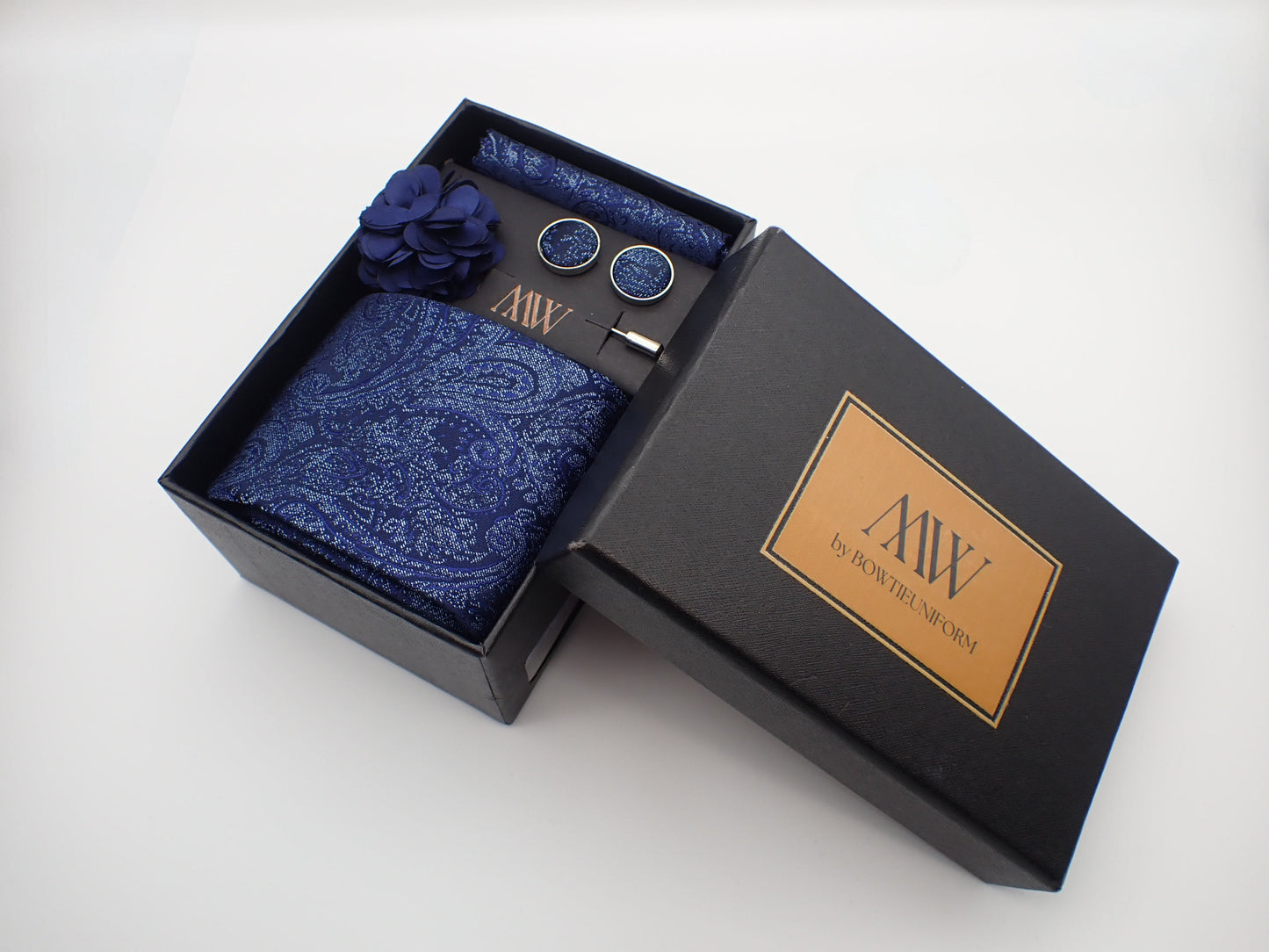 Navy Blue Paisley Pattern Necktie Set / Pocket Square Tie Bowtie Cufflinks Set / Wedding Tie / Tie Clips / Gift for him Mens Groomsmen Gift