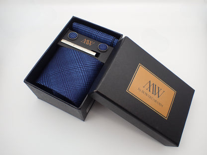 Ocean Blue Plaid Stripe Necktie Set / Pocket Square Tie Bowtie Cufflinks Set / Wedding Tie / Tie Clips / Gift for him Mens Groomsmen Gift