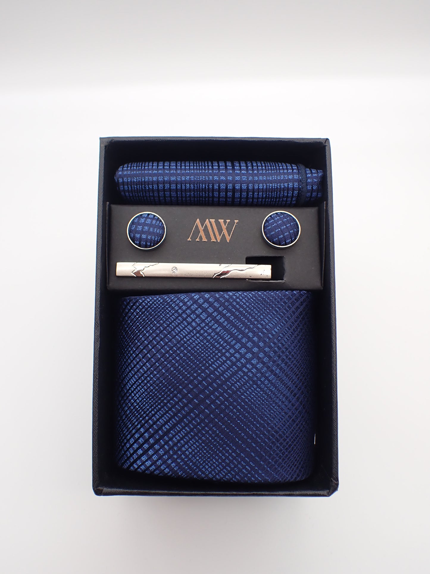 Ocean Blue Plaid Stripe Necktie Set / Pocket Square Tie Bowtie Cufflinks Set / Wedding Tie / Tie Clips / Gift for him Mens Groomsmen Gift