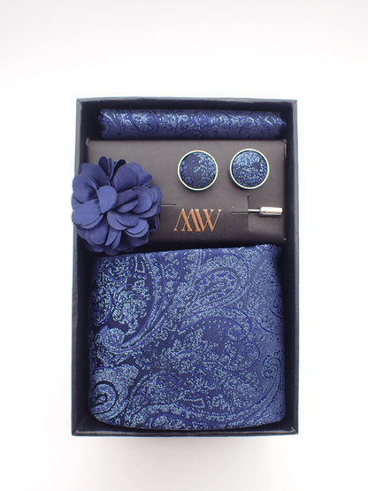 Navy Blue Paisley Pattern Necktie Set / Pocket Square Tie Bowtie Cufflinks Set / Wedding Tie / Tie Clips / Gift for him Mens Groomsmen Gift