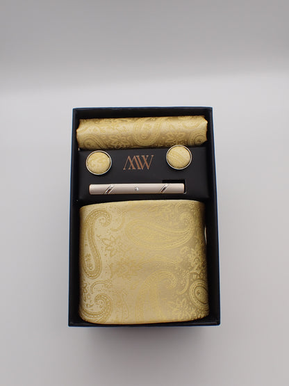 Gold Paisley Pattern Necktie Set / Pocket Square Tie Bowtie Cufflinks Set / Wedding Tie / Tie Clips / Gift for him Mens Groomsmen
