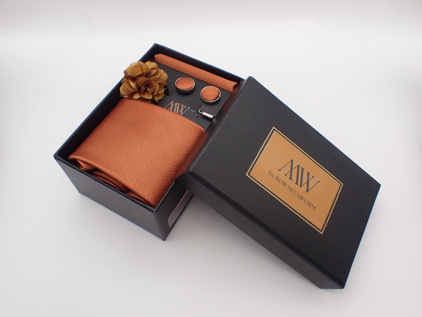 Copper Square Pattern Tie Set / Pocket Square, Bowtie, Tie Clip, Cufflinks / Gift for Him / Wedding Groomsmen Gift / Men's Present / Box