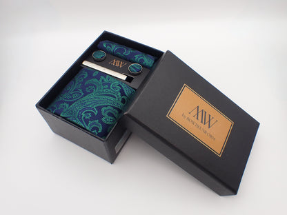 Navy Green Paisley Tie Set / Pocket Square Tie Bowtie Cufflinks Set / Wedding Tie / Tie Clips / Gift for him Mens anniversary Groomsmen Gift