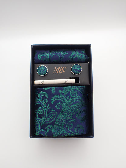 Navy Green Paisley Tie Set / Pocket Square Tie Bowtie Cufflinks Set / Wedding Tie / Tie Clips / Gift for him Mens anniversary Groomsmen Gift