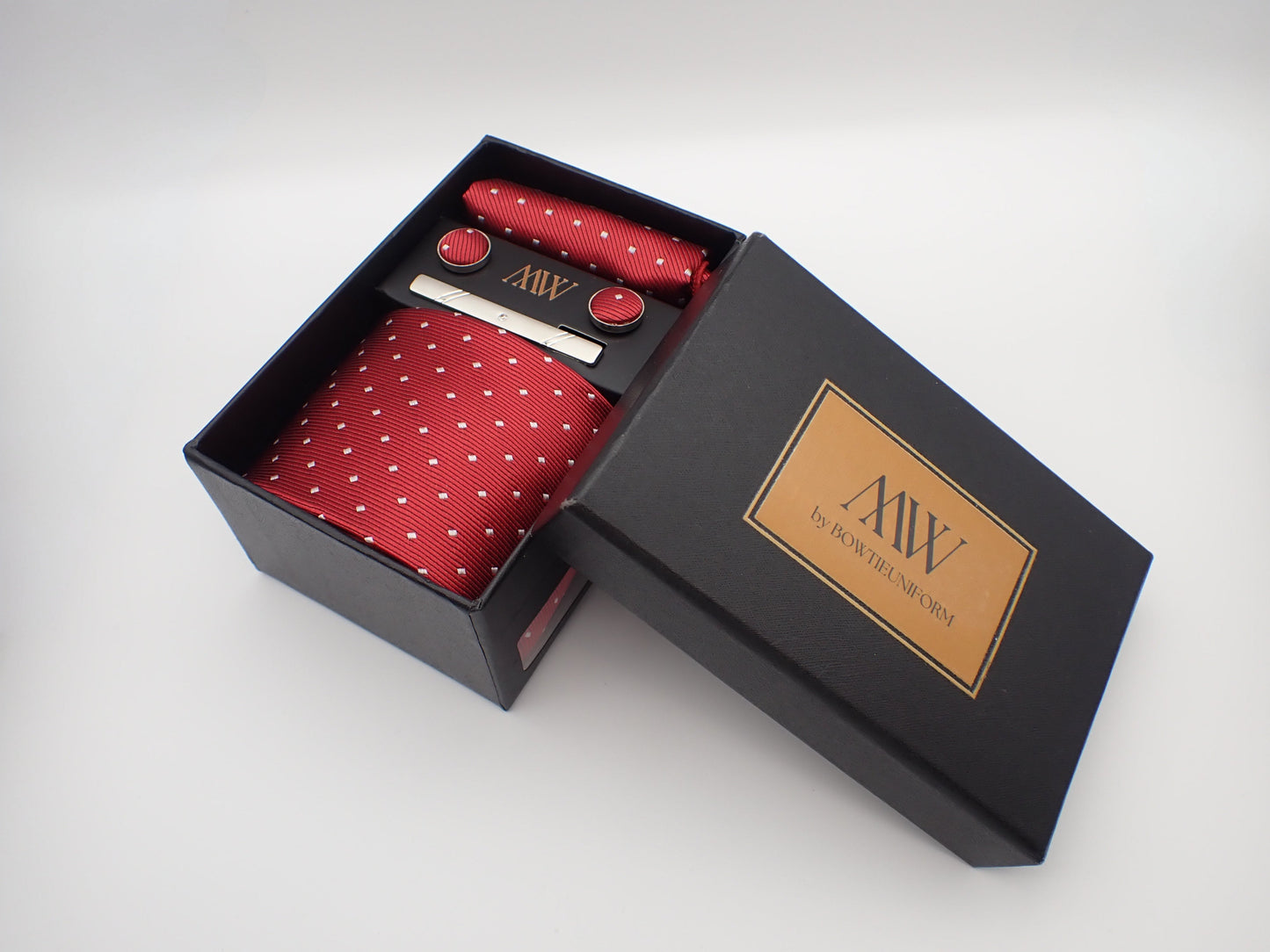 Red Diamond Pattern Tie Set / Pocket Square, Bowtie, Tie Clip, Cufflinks / Gift for Him / Wedding Groomsmen Gift / Men Gift Box