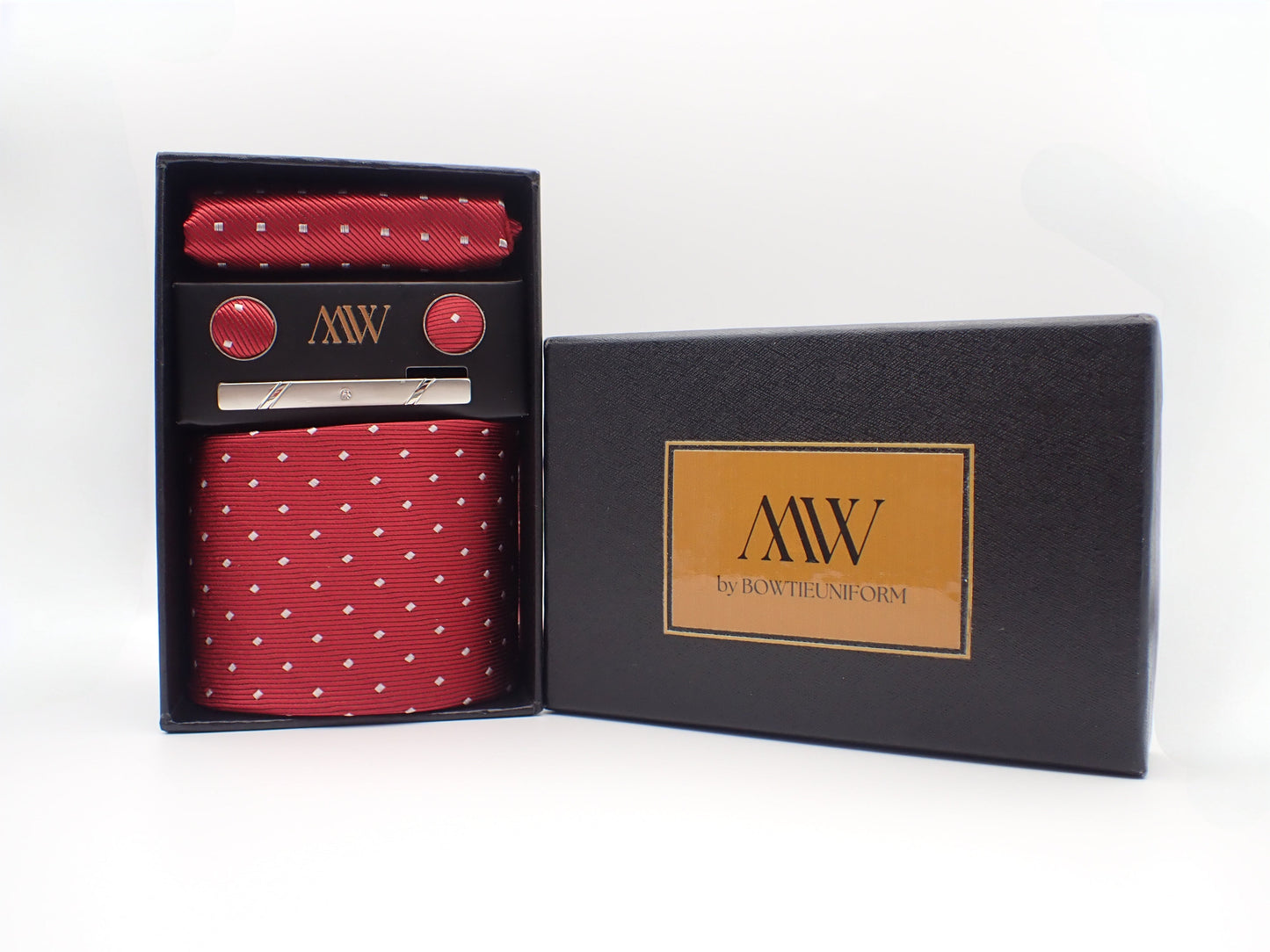 Red Diamond Pattern Tie Set / Pocket Square, Bowtie, Tie Clip, Cufflinks / Gift for Him / Wedding Groomsmen Gift / Men Gift Box