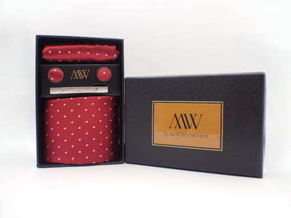 Red Diamond Pattern Tie Set / Pocket Square, Bowtie, Tie Clip, Cufflinks / Gift for Him / Wedding Groomsmen Gift / Men Gift Box