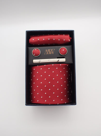 Red Diamond Pattern Tie Set / Pocket Square, Bowtie, Tie Clip, Cufflinks / Gift for Him / Wedding Groomsmen Gift / Men Gift Box