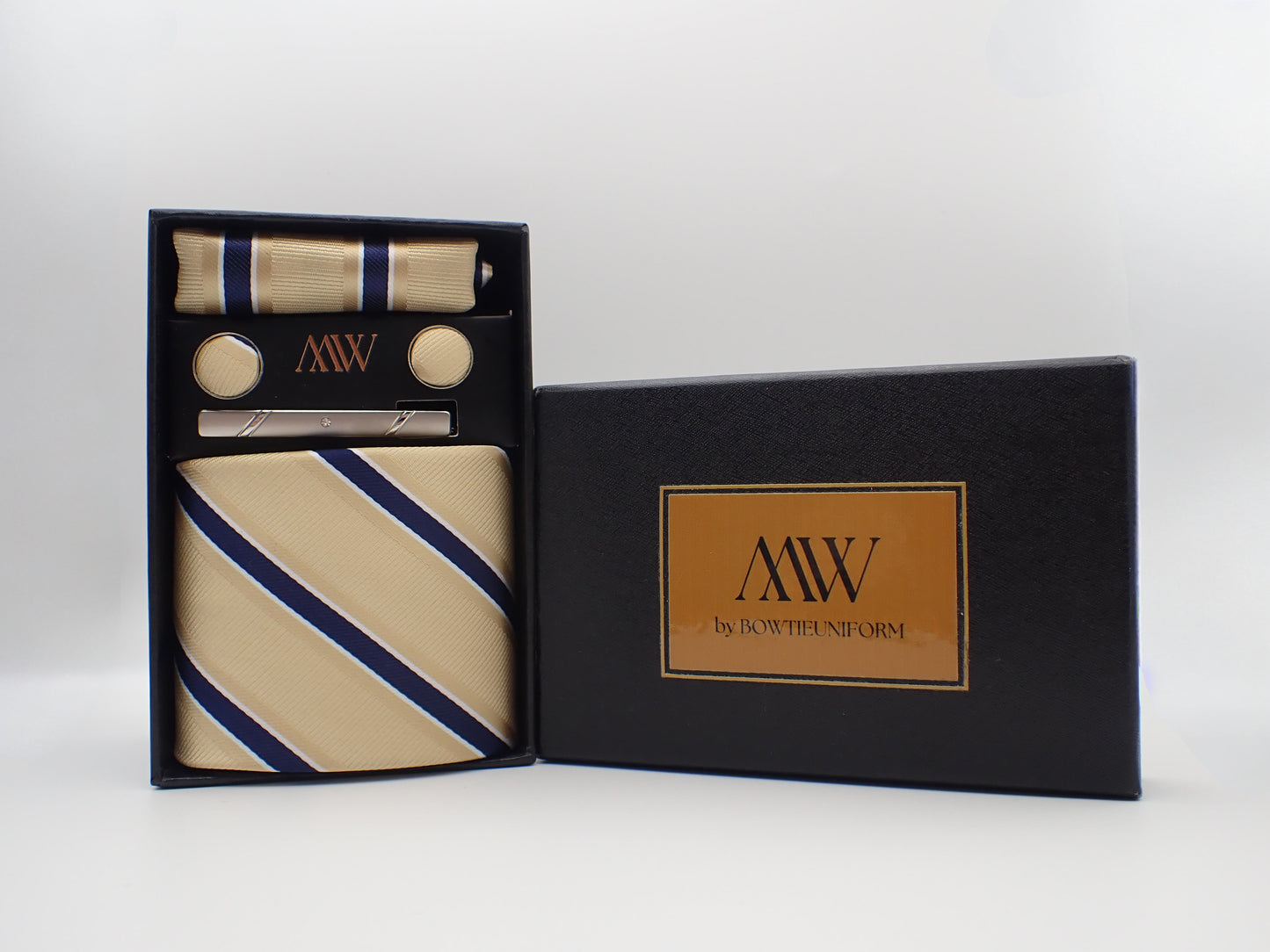 Champagne Stripe Tie Set / Pocket Square Tie Bowtie Cufflinks Set / Wedding Tie /Tie Clips/ Gift for him / Mens anniversary Groomsmen Gift