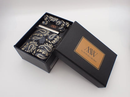 Black and Gold Paisley Tie Set / Pocket Square, Bowtie, Tie Clip, Cufflinks / Gift for Him / Wedding Groomsmen Gift / Men's Gift Box