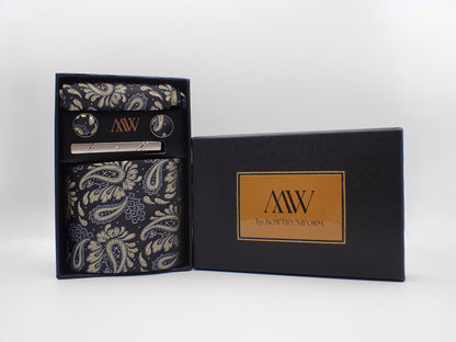 Black and Gold Paisley Tie Set / Pocket Square, Bowtie, Tie Clip, Cufflinks / Gift for Him / Wedding Groomsmen Gift / Men's Gift Box