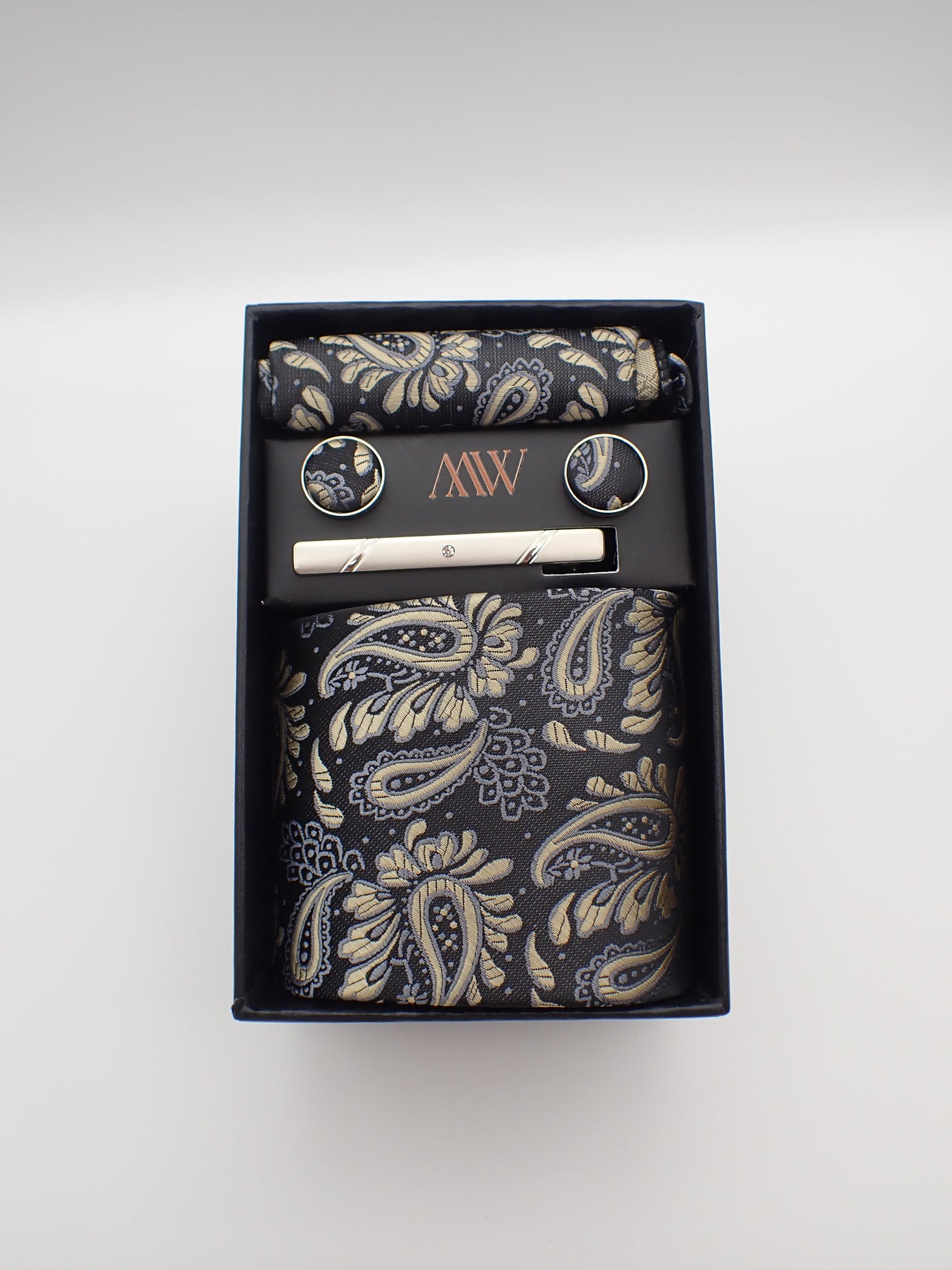 Black and Gold Paisley Tie Set / Pocket Square, Bowtie, Tie Clip, Cufflinks / Gift for Him / Wedding Groomsmen Gift / Men's Gift Box