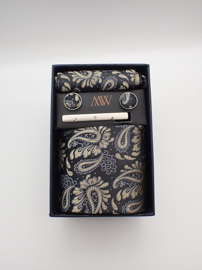 Black and Gold Paisley Tie Set / Pocket Square, Bowtie, Tie Clip, Cufflinks / Gift for Him / Wedding Groomsmen Gift / Men's Gift Box